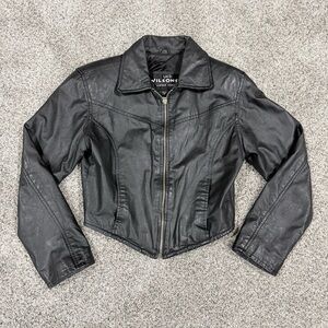 Vtg Wilson’s Leather Black Leather Cropped Zip Up Jacket Biker Moto Women’s S